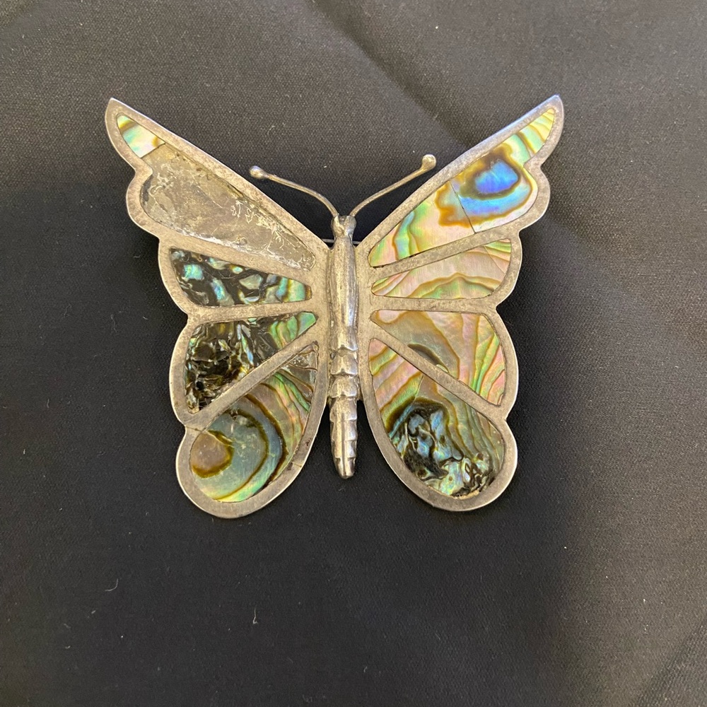 Vintage Taxco Mexican Silver Butterfly Pin with Abalone Inlay